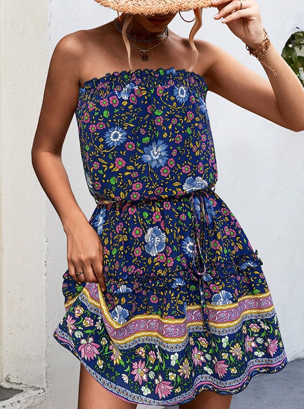 Bohemisk blommig bandeau-miniklänning