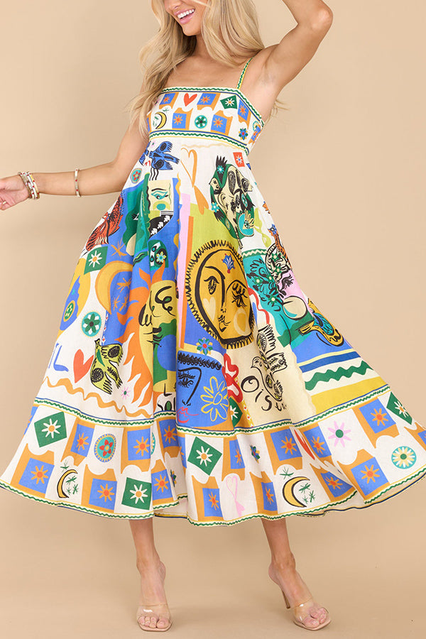Joyful Glow Goddess – Linneblandning – Unikt tryck – Midiklänning med fickor och smock i ryggen
