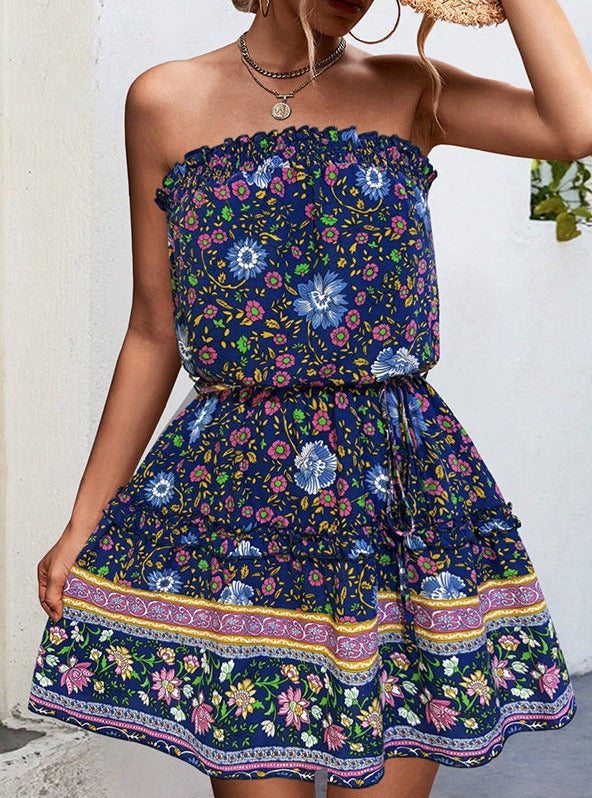 Bohemisk blommig bandeau-miniklänning
