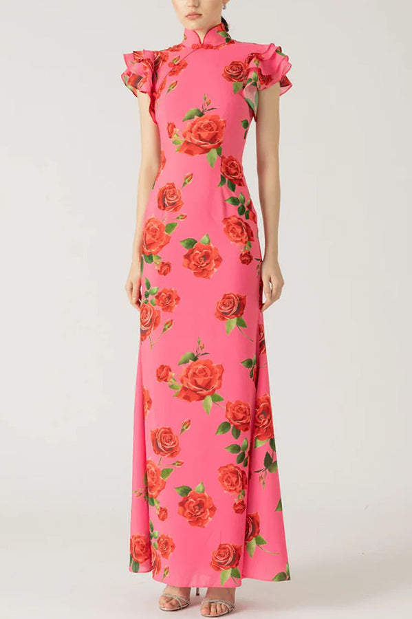 Cheongsam-stil rosblommig klänning med skiktad utsvängd ärm och stretch