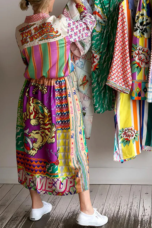 Boho Chic Satin Färgglad Unikt Mönster Elastisk Midja Fickor Midikjol