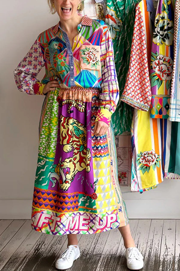 Boho Chic Satin Färgglad Unikt Mönster Elastisk Midja Fickor Midikjol