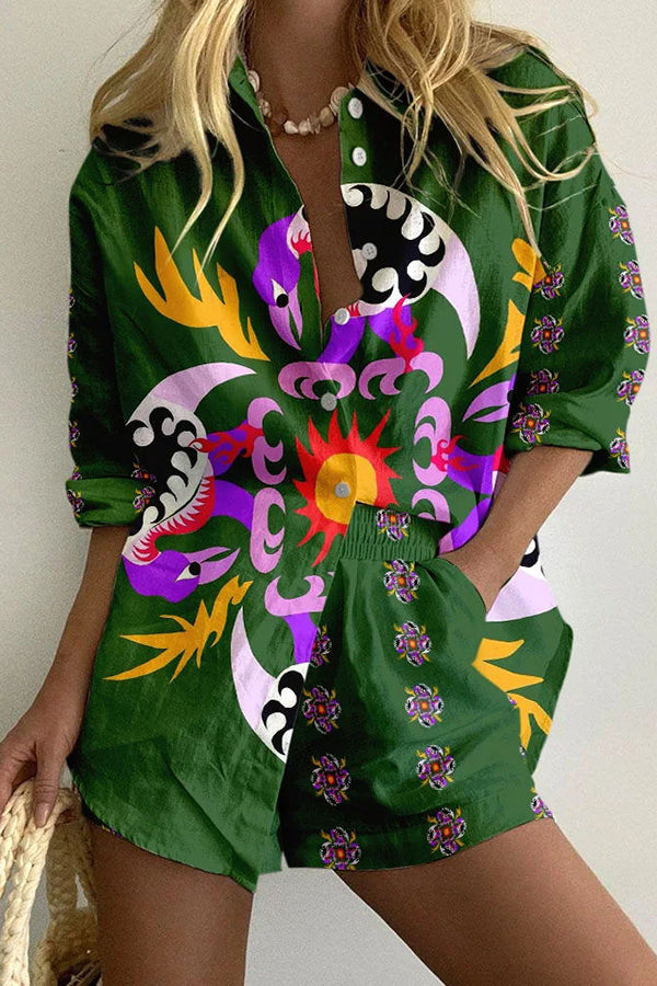 Hot Bird Print Shorts Set med knappfickor och stretch i midjan
