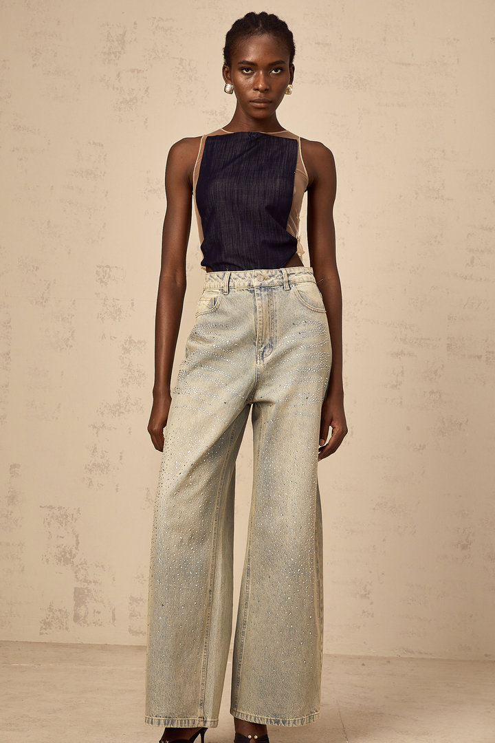 Sandrine blå denim halvtransparent body
