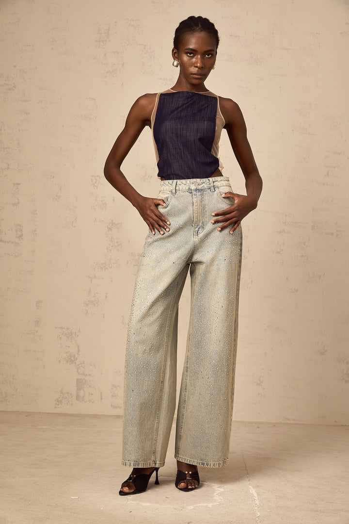 Sandrine blå denim halvtransparent body