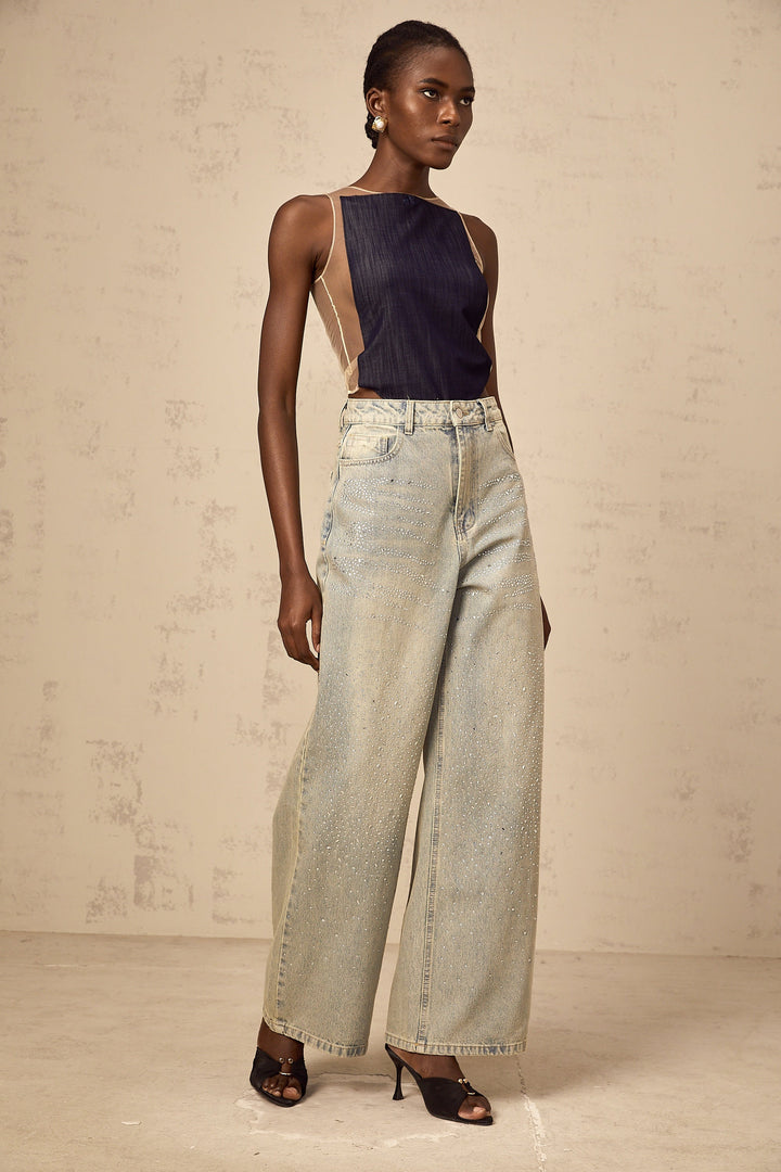 Sandrine blå denim halvtransparent body