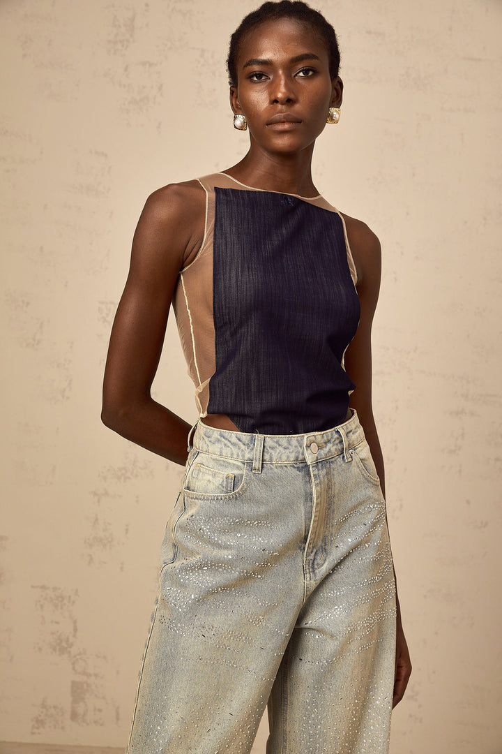 Sandrine blå denim halvtransparent body