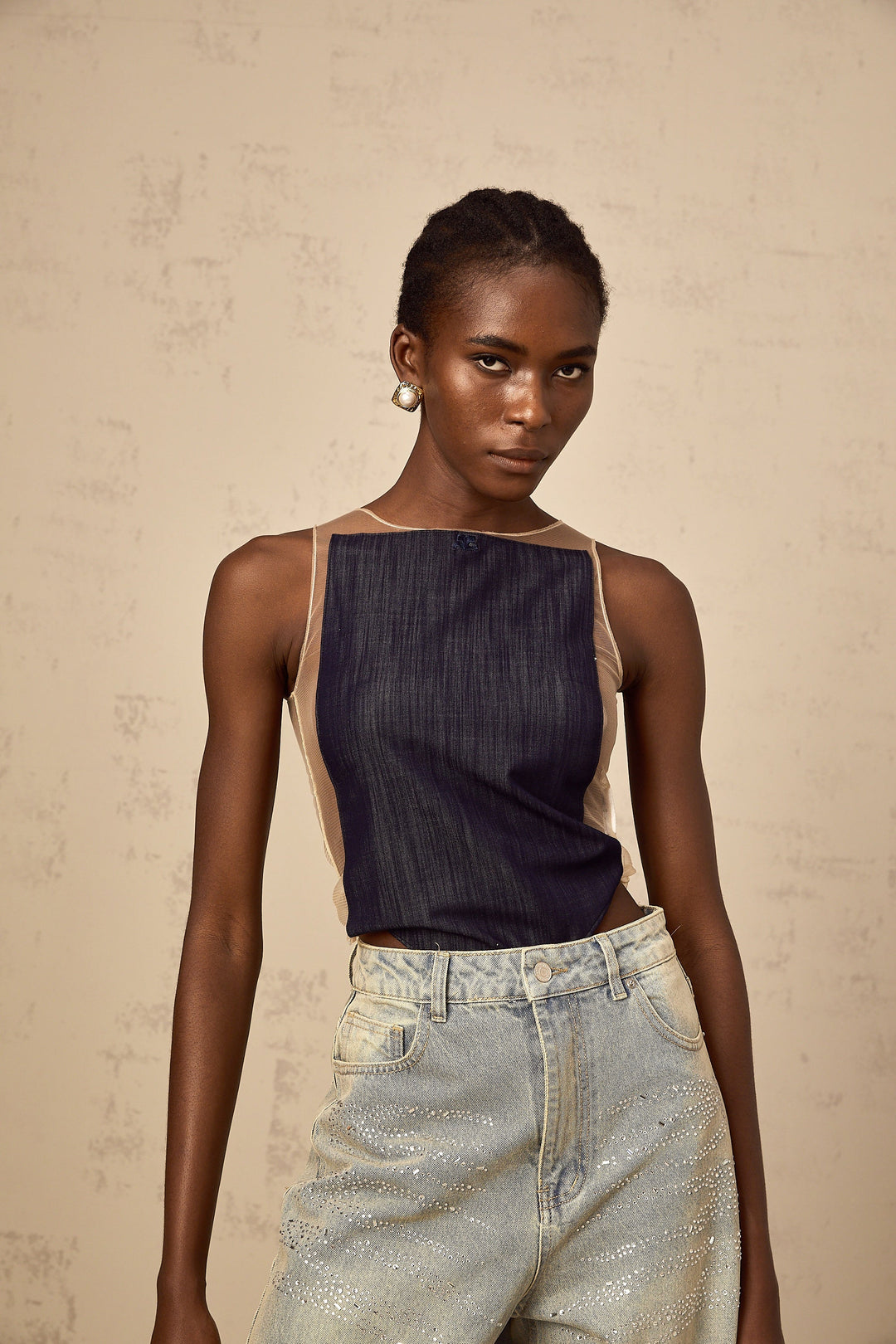 Sandrine blå denim halvtransparent body