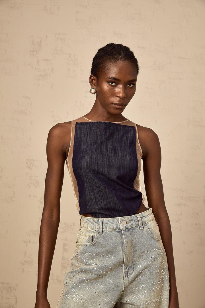 Sandrine blå denim halvtransparent body