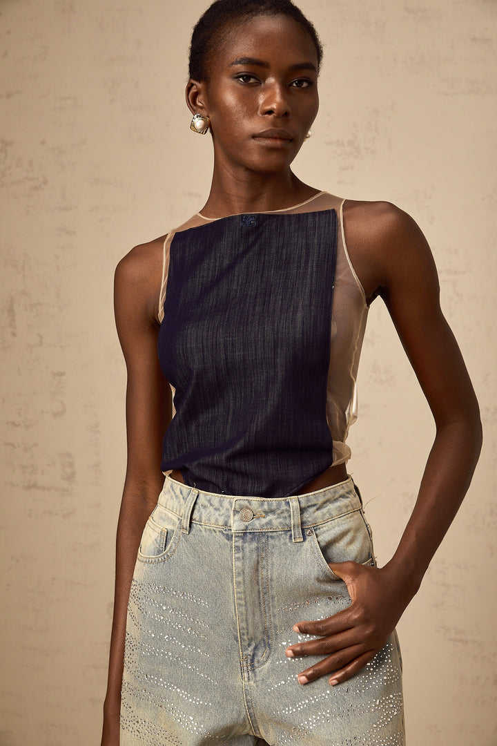 Sandrine blå denim halvtransparent body