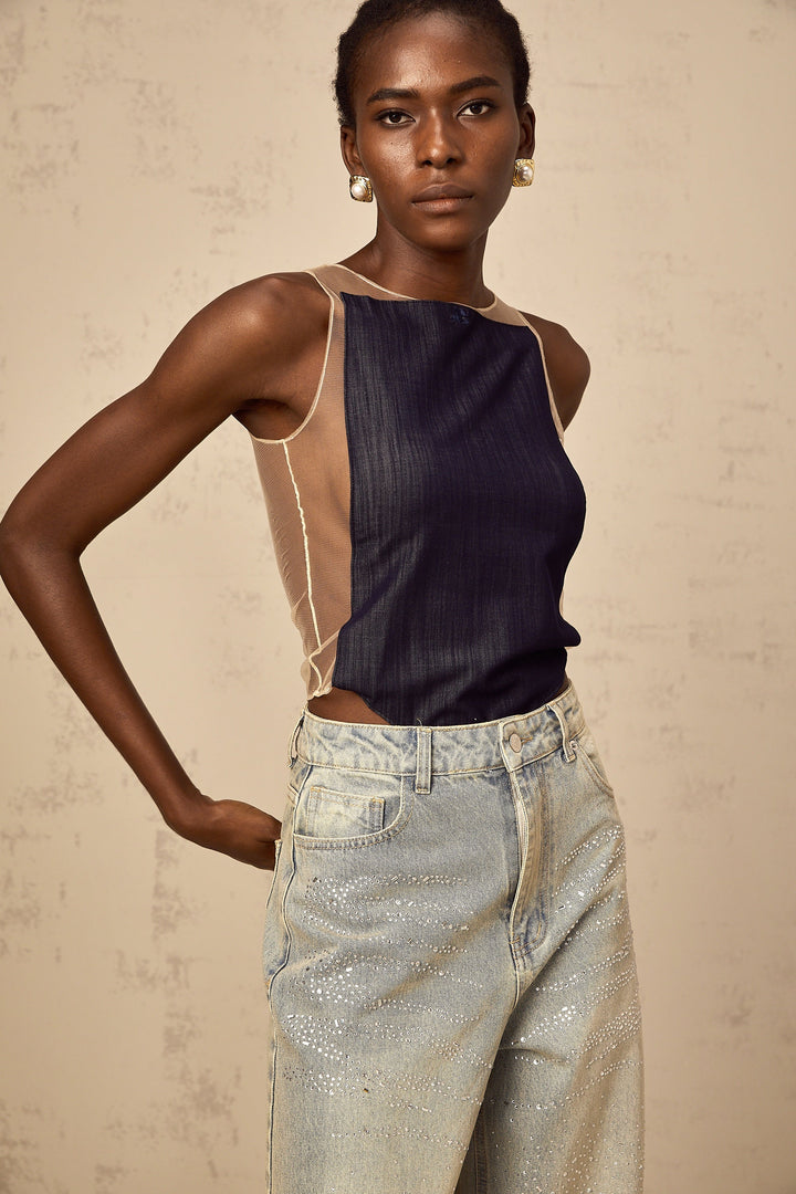 Sandrine blå denim halvtransparent body