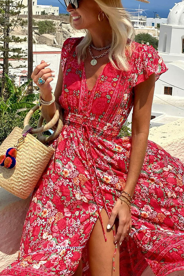 Sommar i Grekland Boho Mönstrad Volangärm Resårmidja Hög-låg Midiklänning