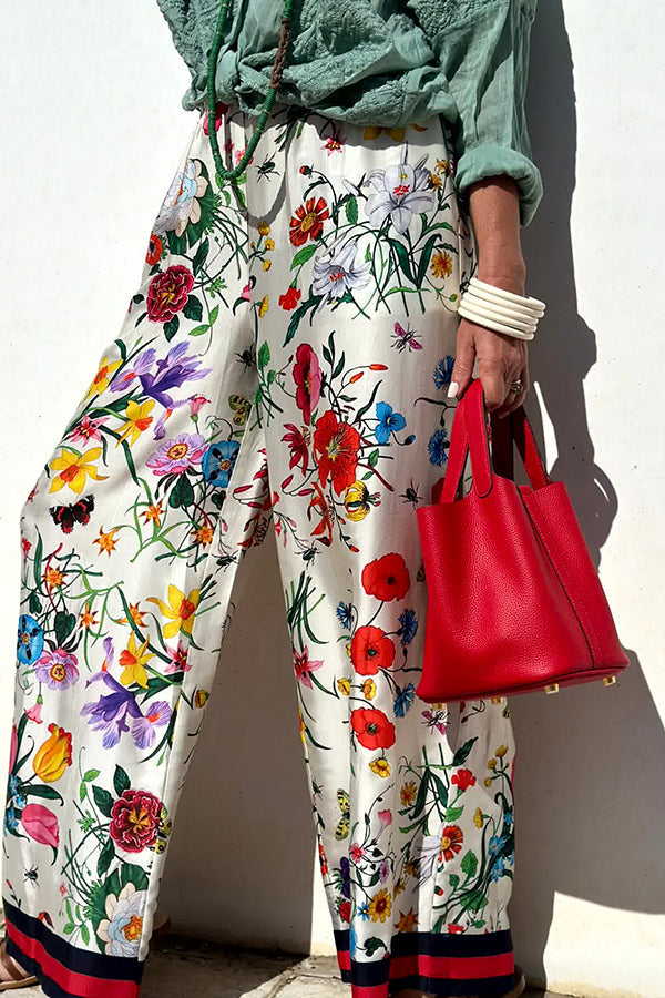 Fabulous Fiesta Satin Blommig Unikt Mönster Elastisk Midja Fickor Vida Benbyxor
