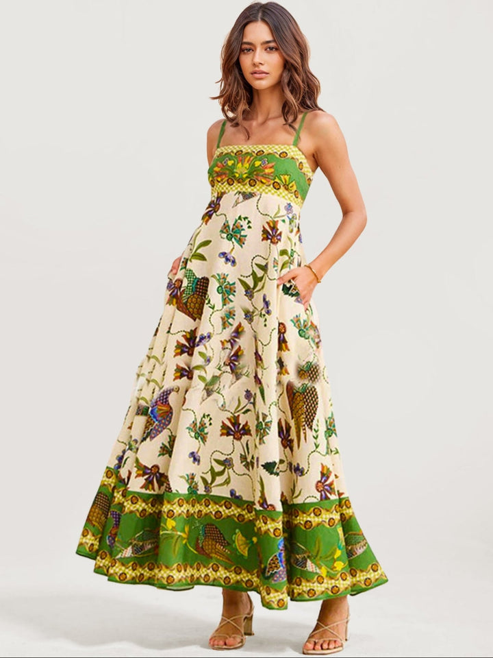 Grön blommig boho maxiklänning