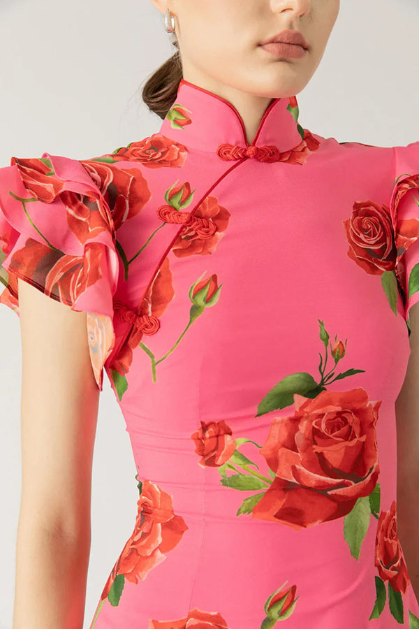 Cheongsam-stil rosblommig klänning med skiktad utsvängd ärm och stretch