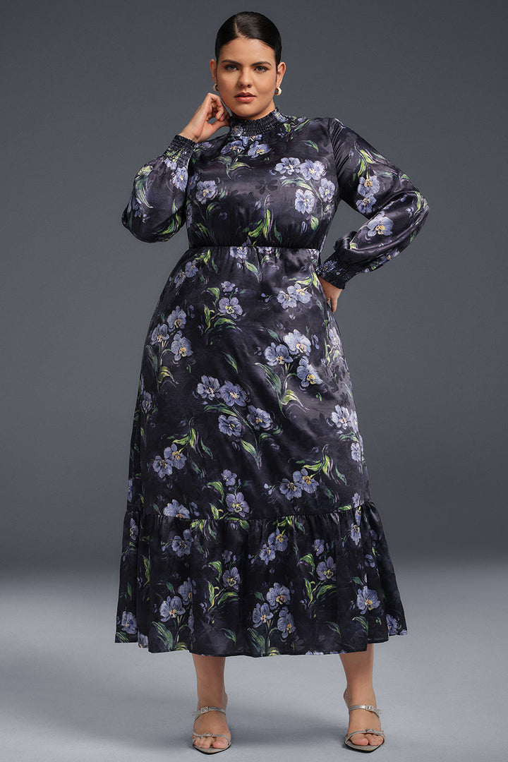Curveins Plus Size Långärmad Volangklänning med Blommigt Tryck 
