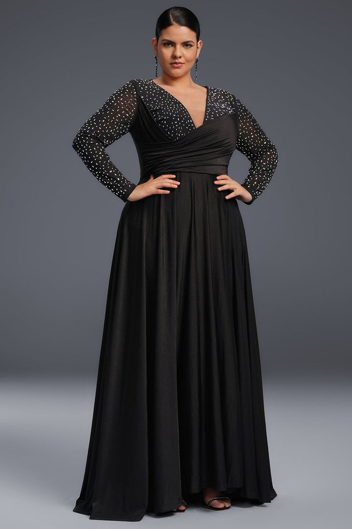 Curveins Plus Size Elegant V-ringad Paljettklänning i maxistorlek 