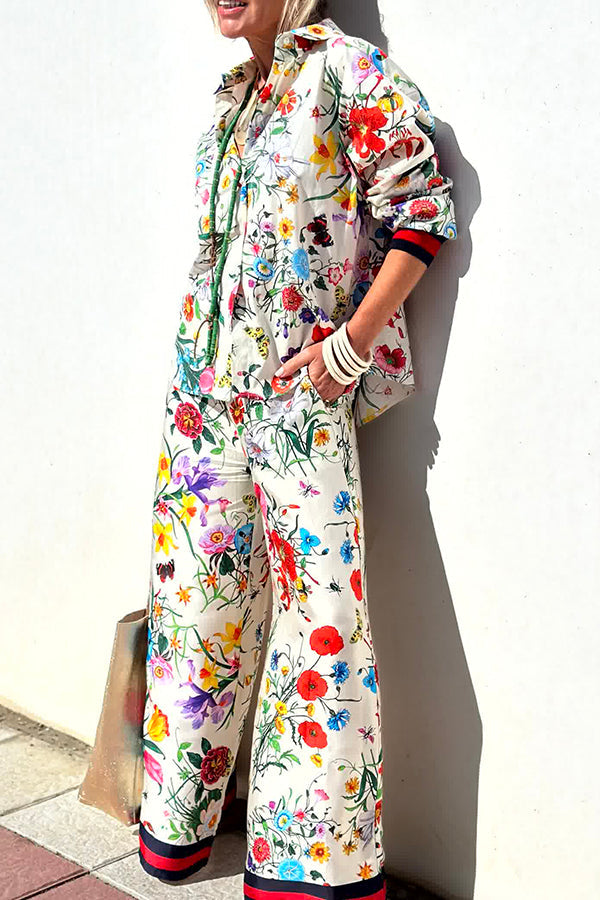 Fabulous Fiesta Satin Blommig Unikt Mönster Elastisk Midja Fickor Vida Benbyxor