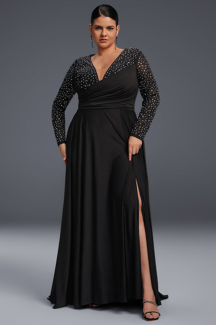 Curveins Plus Size Elegant V-ringad Paljettklänning i maxistorlek 