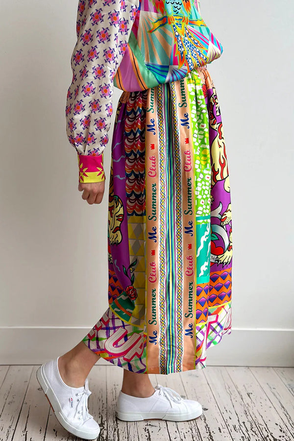Boho Chic Satin Färgglad Unikt Mönster Elastisk Midja Fickor Midikjol