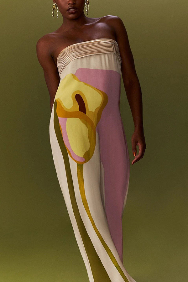 Dalva Calla Lilies Mönstrad Plisserad Metallisk Tyg Patchwork Bandeau Lös Maxiklänning
