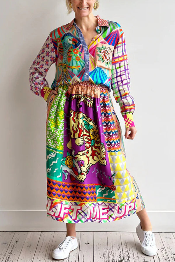 Boho Chic Satin Färgglad Unikt Mönster Elastisk Midja Fickor Midikjol