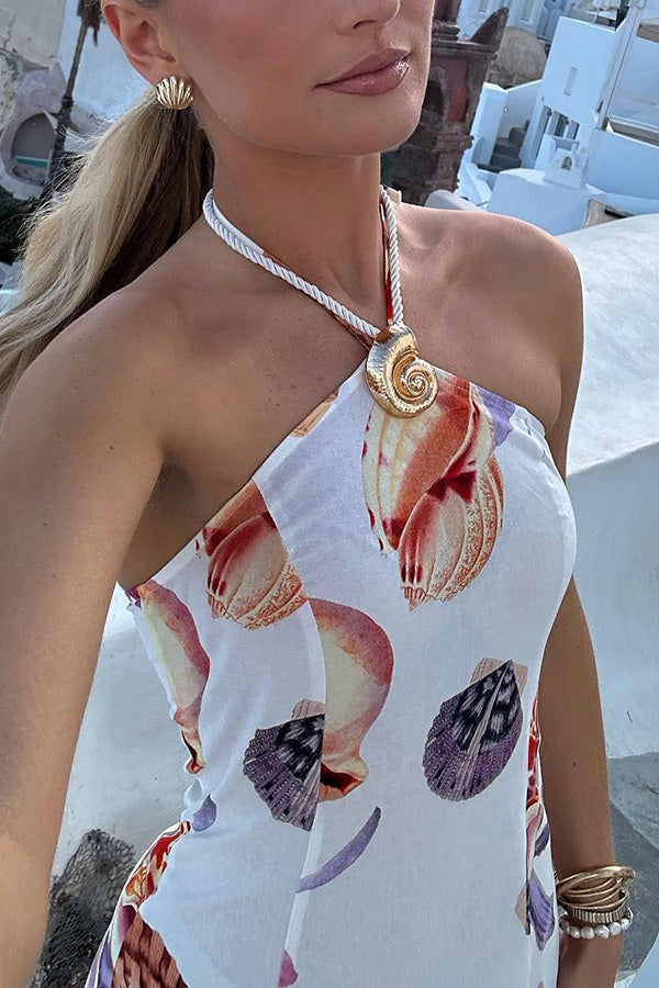 Seaside Bouquet Linneblandning Snäckskal Unikt Mönstrat Halterneck Miniklänning