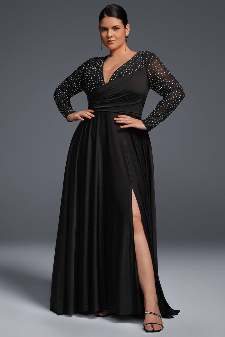 Curveins Plus Size Elegant V-ringad Paljettklänning i maxistorlek 