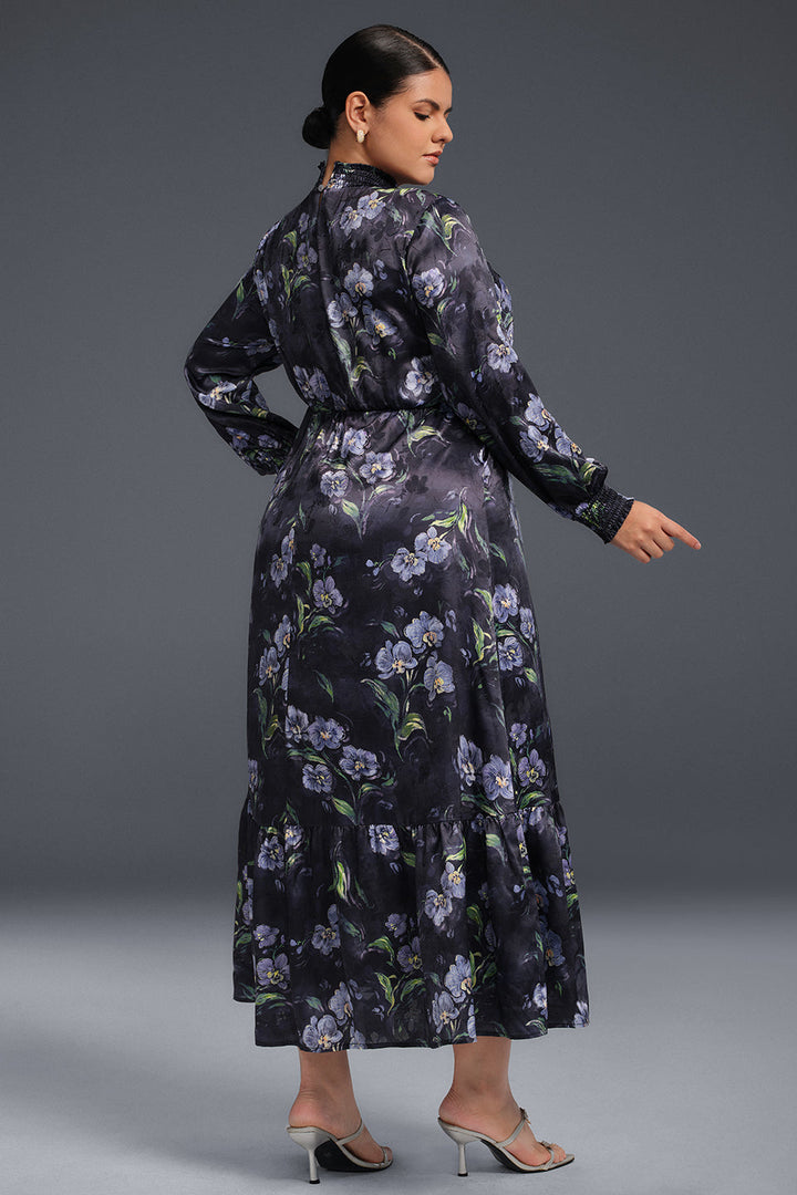 Curveins Plus Size Långärmad Volangklänning med Blommigt Tryck 