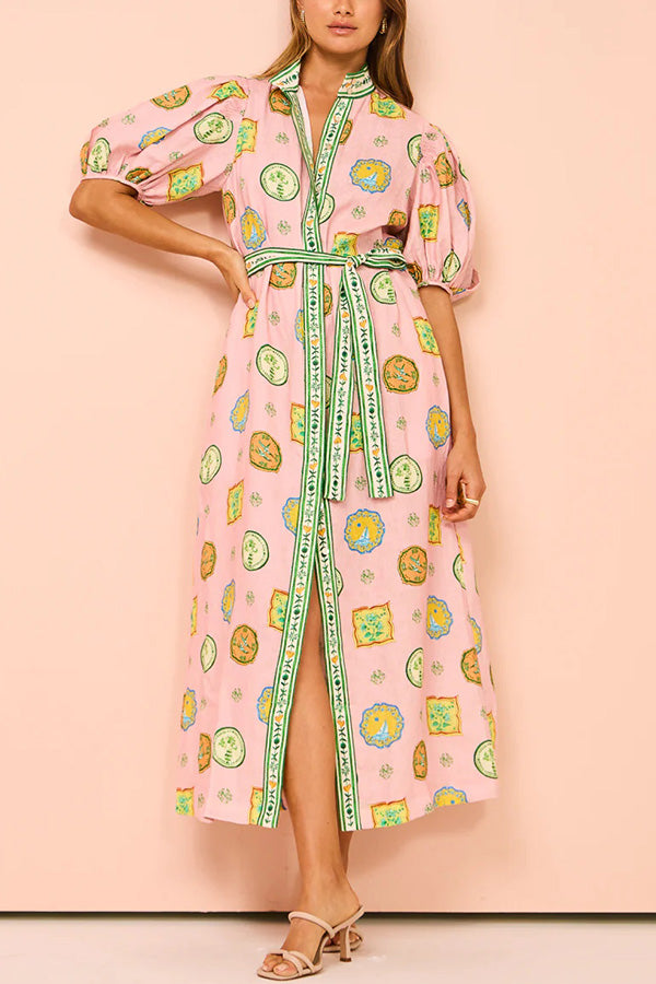 Orla Unique Print Ballongärmar Midiklänning med Bälte och Ficka