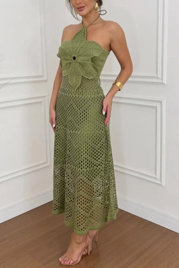 Libby Virkad Stickad Överdimensionerad Blommig Design Halter Texturerad Maxiklänning 