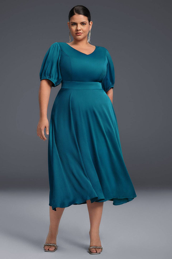 Curveins Plus Size Elegant V-ringad Puffärm Maxiklänning 