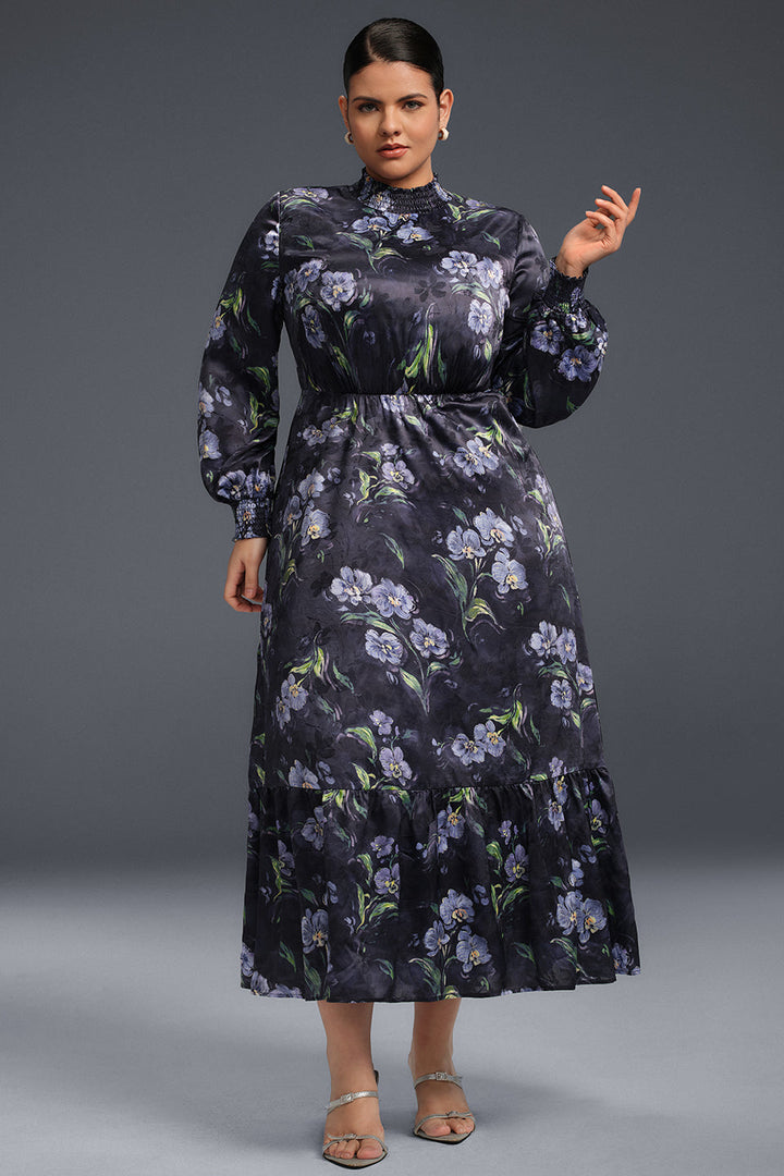 Curveins Plus Size Långärmad Volangklänning med Blommigt Tryck 