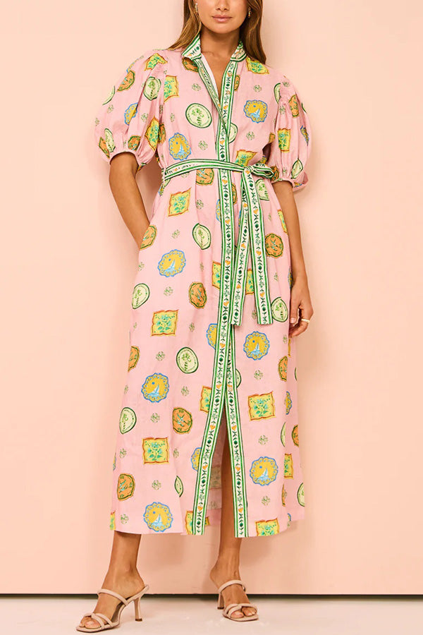 Orla Unique Print Ballongärmar Midiklänning med Bälte och Ficka