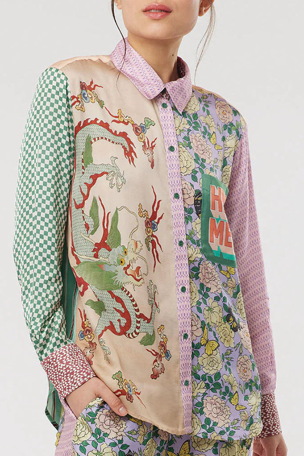 Dragon Season Unique Print Patchwork Pocketed Loose T-shirt