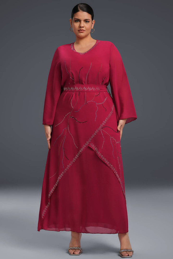 Curveins Plus Size Strass Asymmetrisk Chiffongklänning med Strasskant 