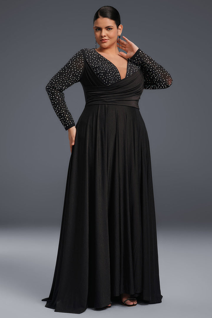 Curveins Plus Size Elegant V-ringad Paljettklänning i maxistorlek 