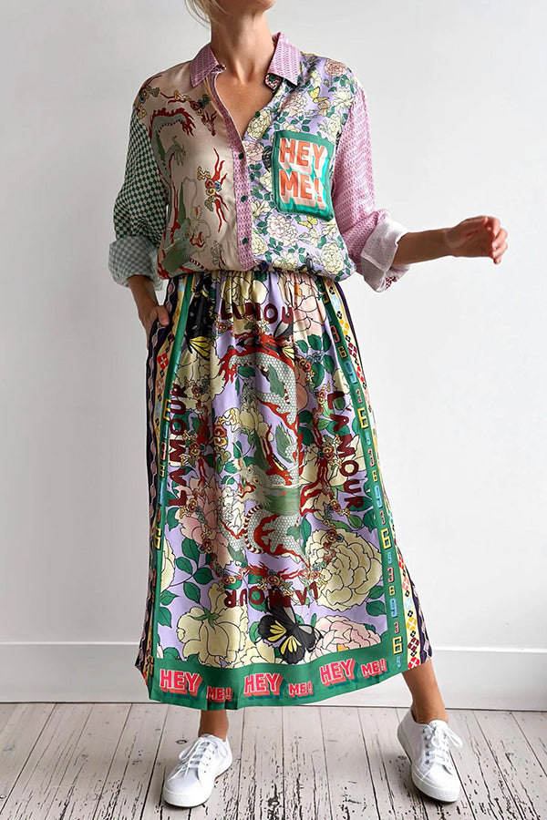 Dragon Season Unique Print Midi-kjol med resår i midjan och fickor