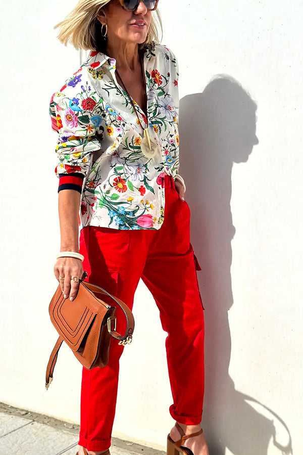 Fabulous Fiesta Satin Blommig Unikt Mönster Button Down Oversized Blus