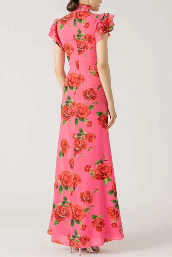 Cheongsam-stil rosblommig klänning med skiktad utsvängd ärm och stretch