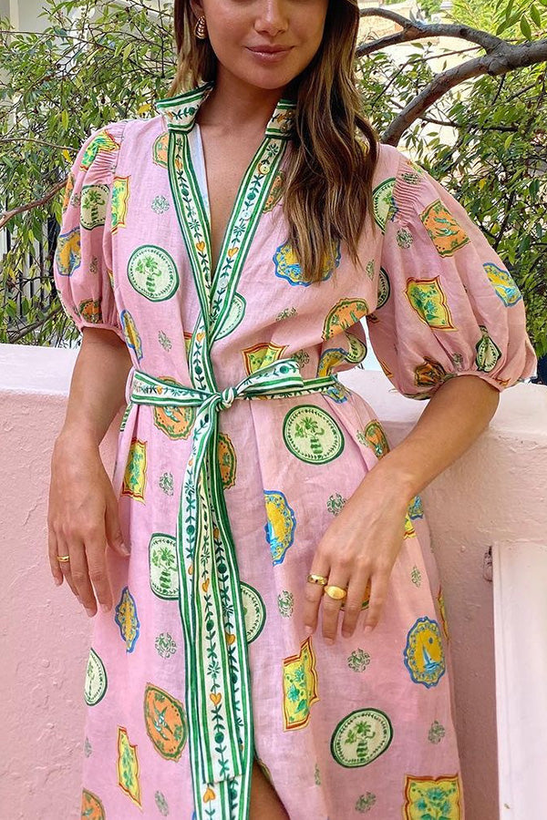 Orla Unique Print Ballongärmar Midiklänning med Bälte och Ficka