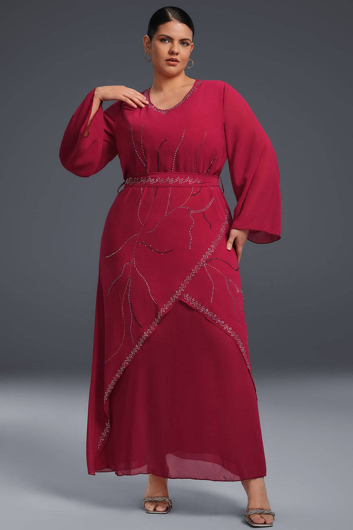 Curveins Plus Size Strass Asymmetrisk Chiffongklänning med Strasskant 