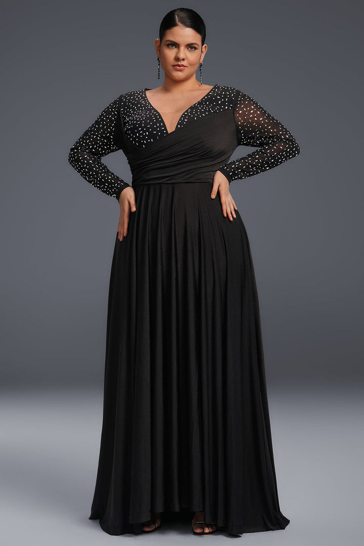 Curveins Plus Size Elegant V-ringad Paljettklänning i maxistorlek 