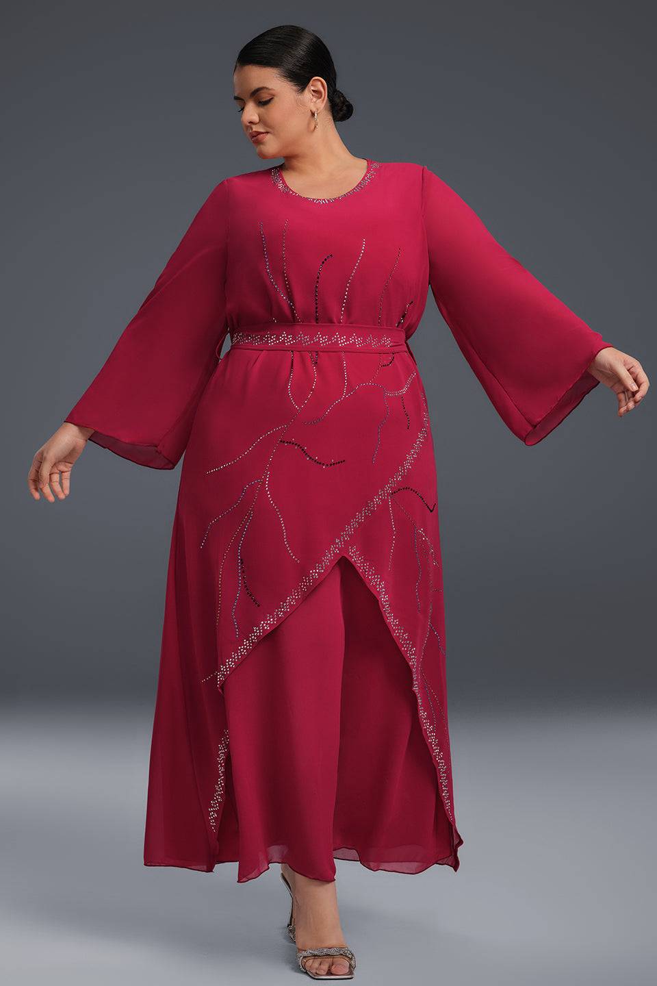 Curveins Plus Size Strass Asymmetrisk Chiffongklänning med Strasskant 