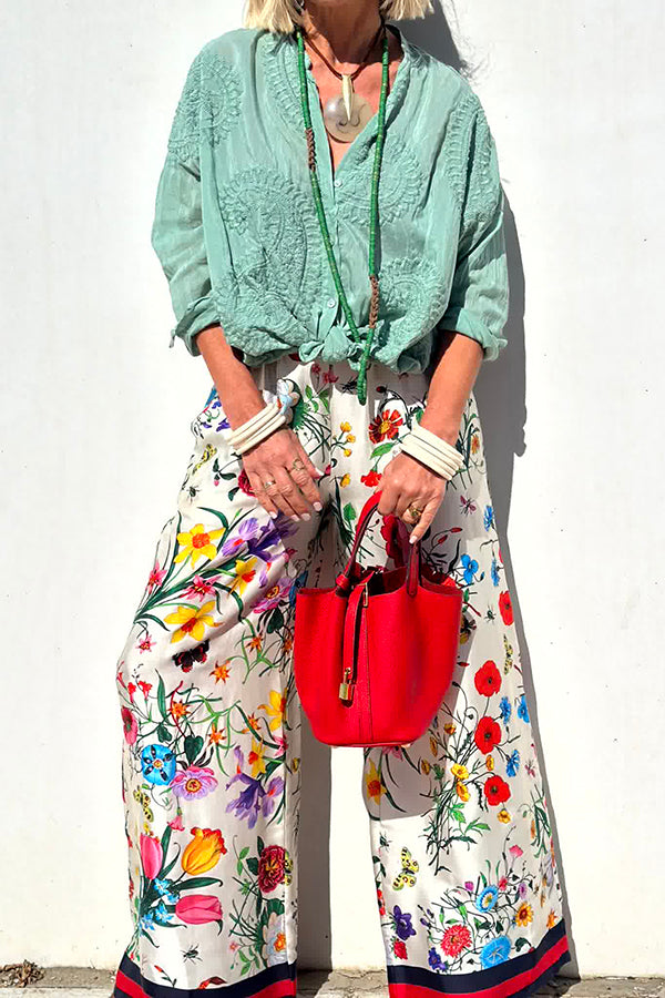 Fabulous Fiesta Satin Blommig Unikt Mönster Elastisk Midja Fickor Vida Benbyxor