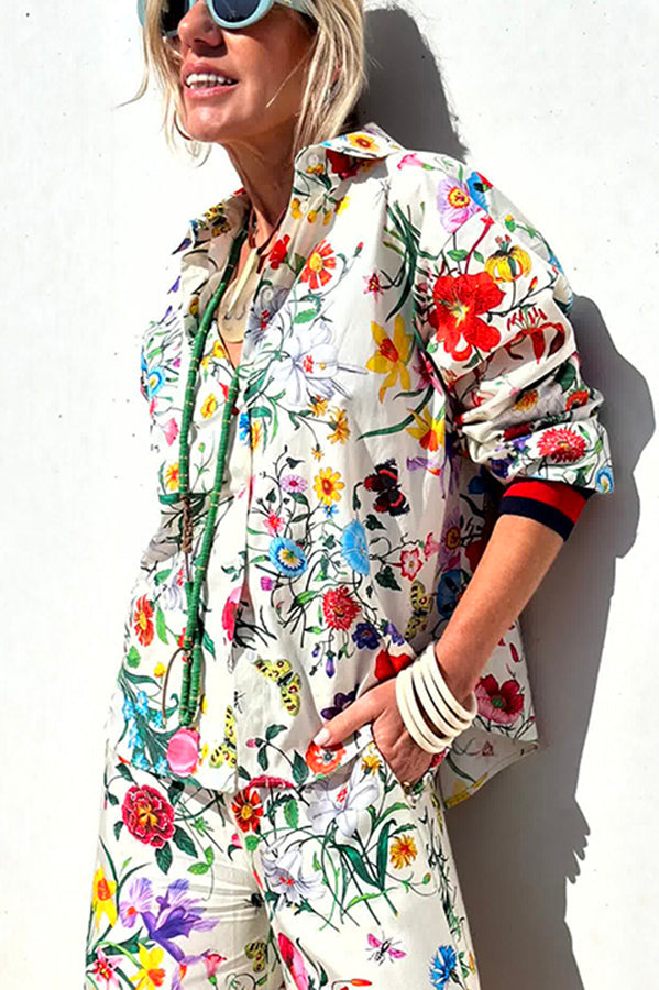 Fabulous Fiesta Satin Blommig Unikt Mönster Button Down Oversized Blus