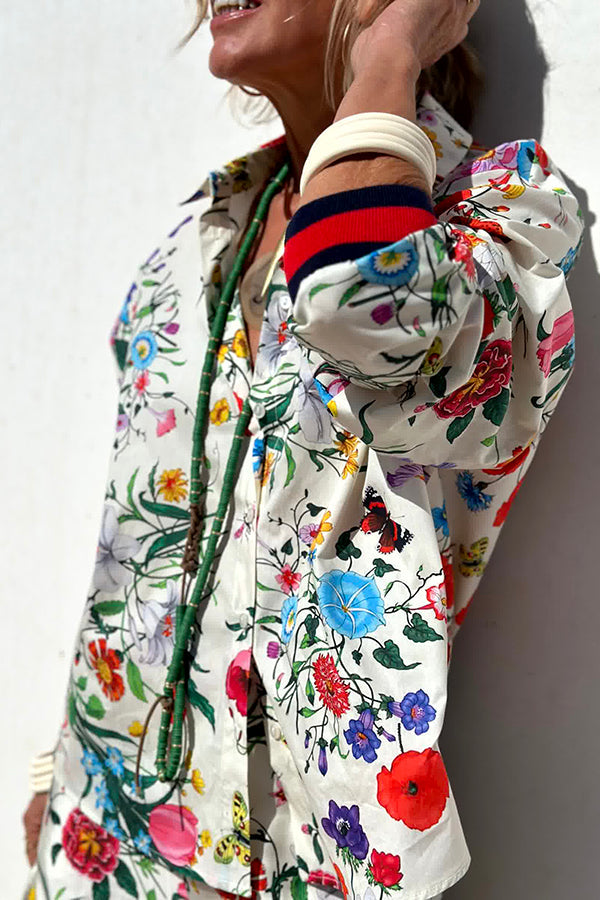 Fabulous Fiesta Satin Blommig Unikt Mönster Button Down Oversized Blus