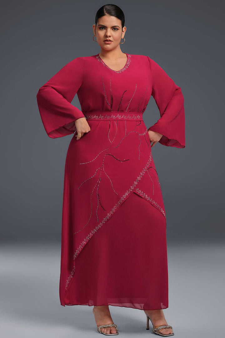Curveins Plus Size Strass Asymmetrisk Chiffongklänning med Strasskant 