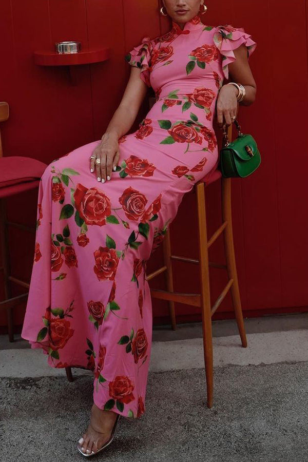 Cheongsam-stil rosblommig klänning med skiktad utsvängd ärm och stretch