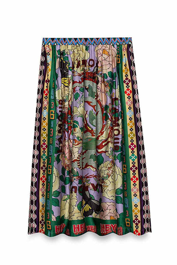 Dragon Season Unique Print Midi-kjol med resår i midjan och fickor